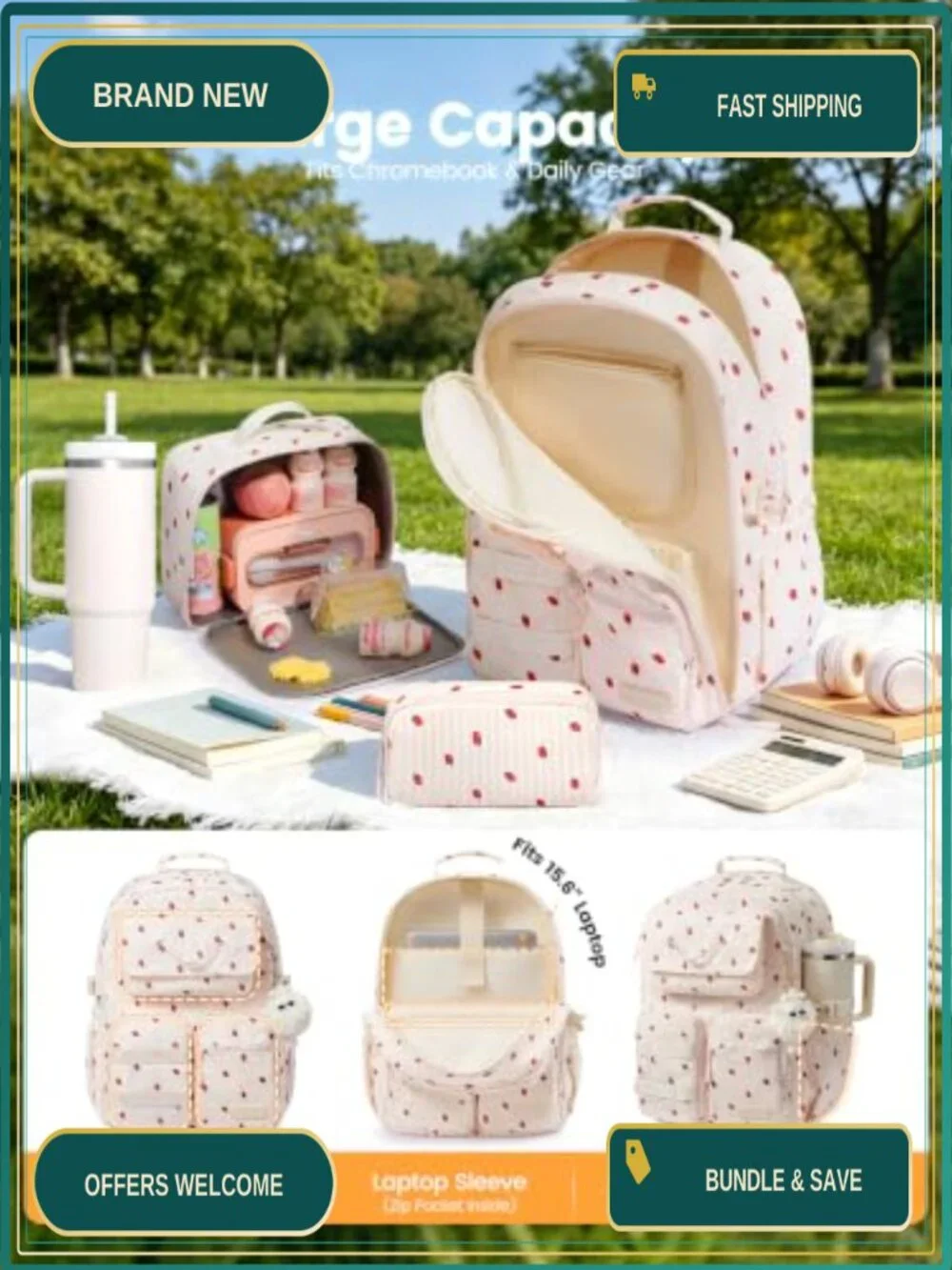 3PC School Backpack Set for Girls with Lunch Box and Pencil Case, Cute Bookbag
